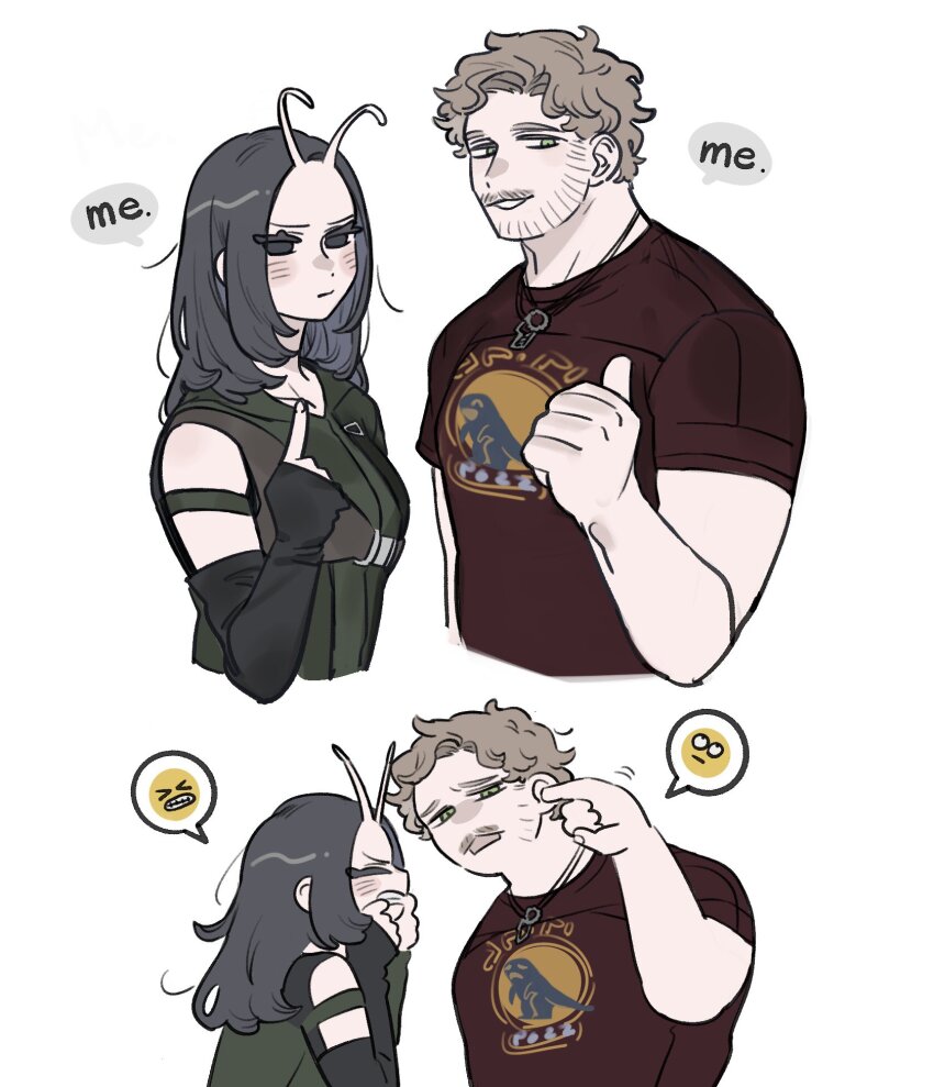 1boy, 1girl, animification, antennae, bare_shoulders, black_hair, blue_eyes, blush