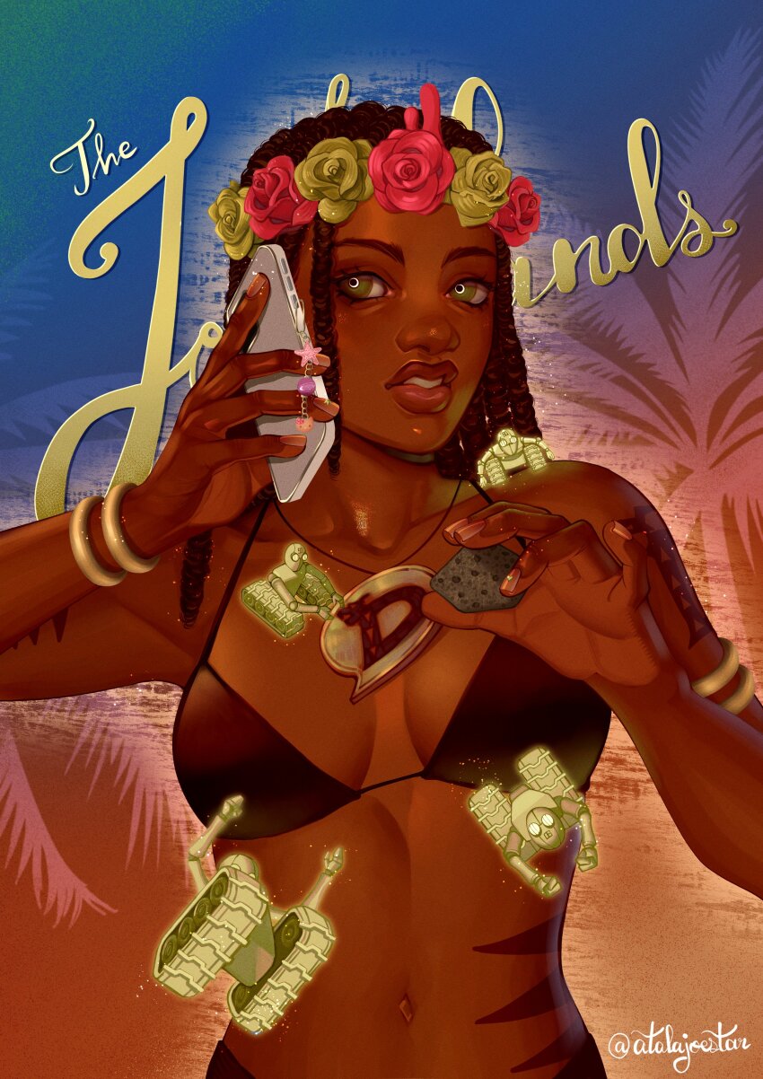 1girl, absurdres, armlet, atalajoestar, bikini, black_bikini, bracelet, breasts