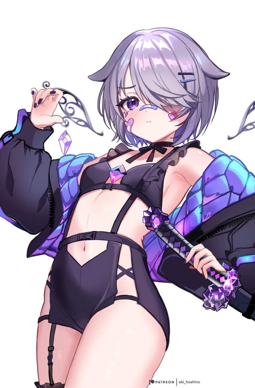 1girl, absurdres, adapted_costume, aki_hoshino, artist_name, bandaid, bandaid_on_cheek, bandaid_on_face, bandaid_on_nose, black_choker, black_jacket, black_ribbon, black_shorts, blush, breasts, chest_jewel, choker, closed_mouth, commentary, cowboy_shot, english_commentary, fingernails, garter_straps, gem, grey_hair, hair_flaps, hair_ornament, hair_over_one_eye, hairpin, hand_up, highres, holding, holding_sword, holding_weapon, hololive, hololive_english, jacket, jewel_under_eye, katana, koseki_bijou, koseki_bijou_(casual), legs_together, loli, long_fingernails, long_sleeves, looking_at_viewer, multiple_hairpins, nail_polish, navel, neck_ribbon, off_shoulder, official_alternate_costume, one_eye_covered, open_clothes, open_jacket, patreon_logo, puffy_long_sleeves, puffy_sleeves, purple_eyes, purple_gem, purple_jacket, purple_nails, revealing_clothes, ribbon, sheath, sheathed, short_hair, shorts, simple_background, single_garter_strap, small_breasts, solo, standing, sword, tomato_(sword), two-sided_fabric, two-sided_jacket, virtual_youtuber, weapon, white_background