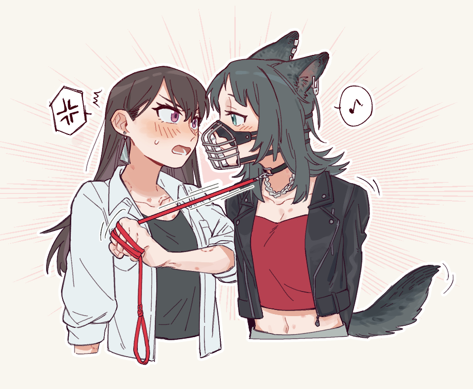 2girls, anger_vein, animal_ears, bang_dream!, bang_dream!_it's_mygo!!!!!, bite_mark, bite_mark_on_neck, black_hair, black_jacket, black_shirt, blue_eyes, blush, brown_hair, closed_mouth, criangle_k., cropped_torso, dog_ears, dog_girl, dog_tail, eye_contact, grey_background, hickey, holding, holding_leash, jacket, kemonomimi_mode, leash, long_hair, looking_at_another, midriff, multiple_girls, musical_note, muzzle_(mask), navel, purple_eyes, red_shirt, shiina_taki, shirt, spoken_anger_vein, spoken_musical_note, sweatdrop, tail, upper_body, white_shirt, yahata_umiri, yuri