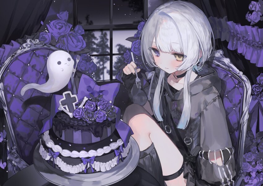 1girl, black_choker, black_hoodie, black_skirt, blush, bow, cake, chair, choker, closed_mouth, curtains, flower, food, fork, ghost, heterochromia, holding, holding_fork, hood, hood_down, hoodie, indoors, kasukano_uturo, knees_up, long_hair, long_sleeves, looking_at_viewer, neo-porte, null1040, purple_bow, purple_eyes, purple_flower, purple_rose, rose, short_hair_with_long_locks, sidelocks, sitting, skirt, sleeves_past_wrists, socks, solo, table, thigh_strap, virtual_youtuber, white_hair, window, wolf_cut, yellow_eyes