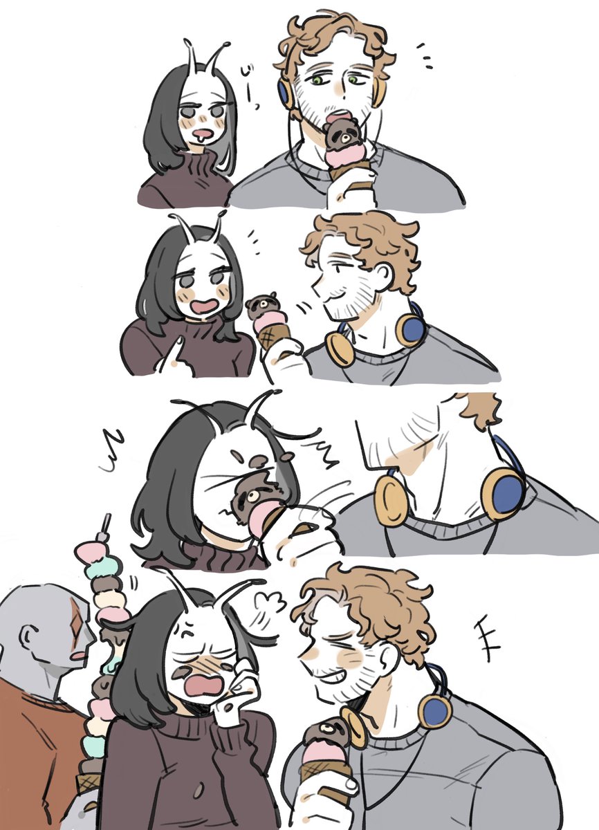 >_<, 1girl, 2boys, anger_vein, animification, annoyed, antennae, black_hair