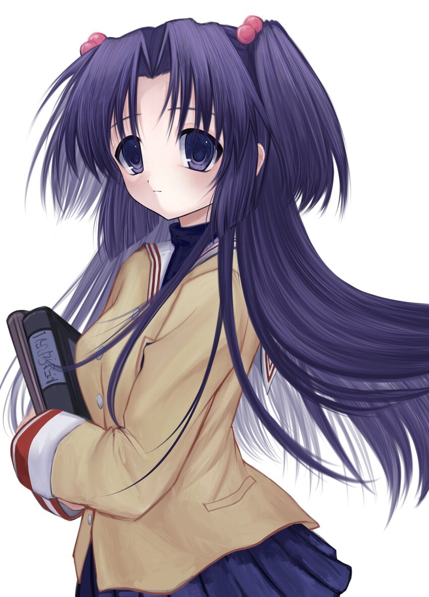 1girl, 2000s_(style), book, clannad, closed_mouth, curtained_hair, expressionless, highres