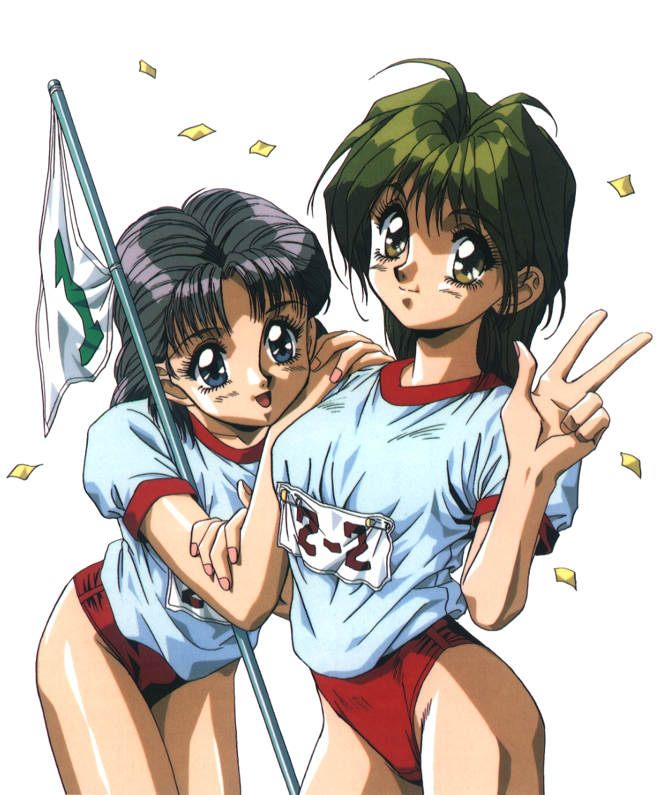 1990s_(style), 2girls, black_hair, blue_eyes, brown_eyes, brown_hair, buruma, flag