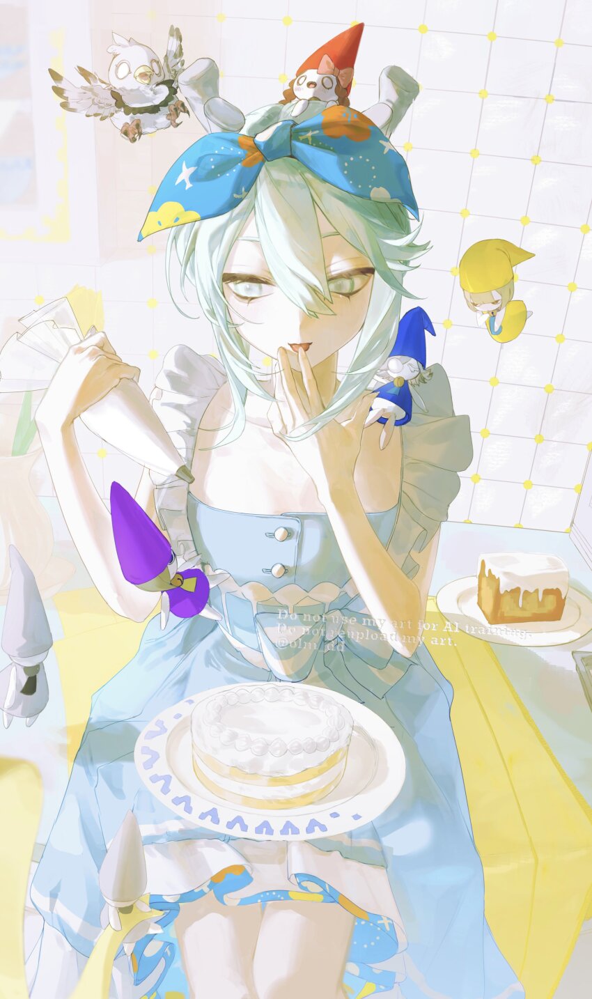 1girl, absurdres, antlers, baking, bird, blue_dress, blue_ribbon, bow