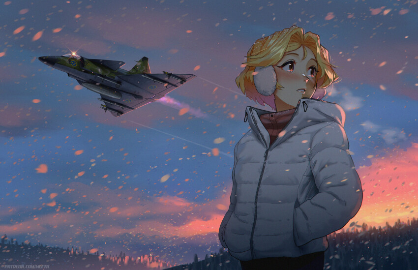 1girl, aircraft, airplane, blonde_hair, blue_sky, blush, brown_eyes, canards, canopy_(aircraft), commentary, down_jacket, earmuffs, english_commentary, evening, fighter_jet, flying, glint, hands_in_pockets, highres, jacket, looking_to_the_side, military_vehicle, mleth, original, outdoors, parted_lips, patreon_username, pink_clouds, roundel, saab_viggen, short_hair, sky, snowing, solo, stina_(mleth), swedish_air_force, teeth, turning_head, upper_body, watermark, web_address, white_jacket, winter_clothes