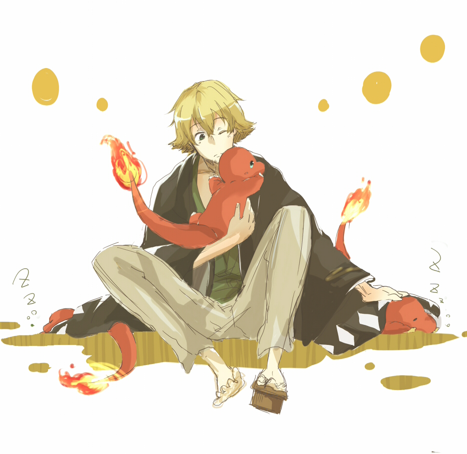 bleach, blonde_hair, charmander, crossover, fire, gen_1_pokemon, green_eyes, japanese_clothes, male_focus, nintendo, pokemon, pokemon_(creature), sketch, sleeping, urahara_kisuke, yuuki_chitose