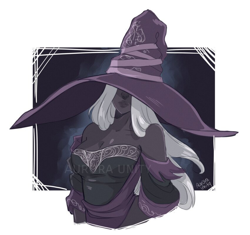 1girl, artist_name, aurora_unity, black_dress, black_skin, breasts, cleavage, colored_skin, commentary, covered_eyes, cropped_torso, dress, elden_ring, elden_ring_nightreign, english_commentary, facing_viewer, hat, highres, long_hair, medium_breasts, off-shoulder_dress, off_shoulder, parted_lips, purple_dress, purple_hat, recluse_(elden_ring), solo, two-tone_dress, upper_body, watermark, white_hair, witch, witch_hat