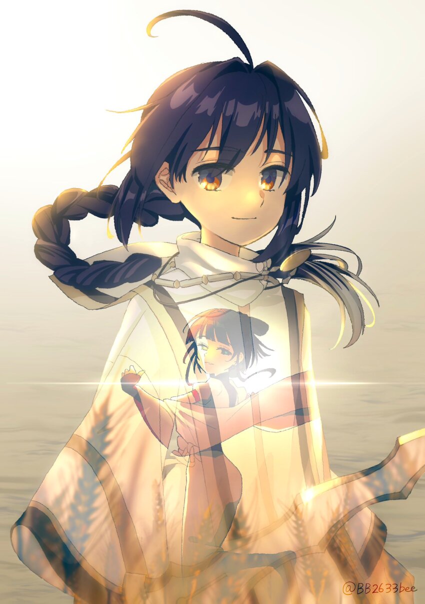 1girl, 1other, ahoge, amenomurakumo-no-tsurugi_(fate), amulet, bb2633bee, black_hair, braid