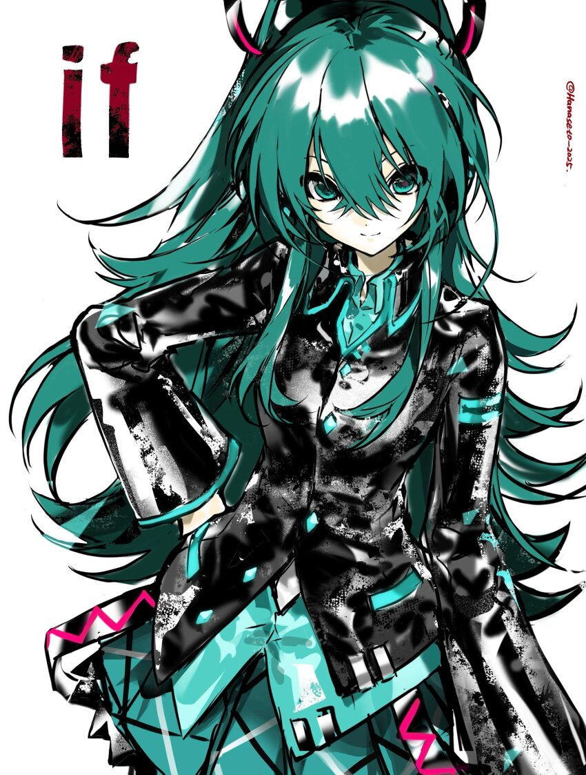 1girl, alternate_costume, alternate_hairstyle, aqua_eyes, aqua_hair, aqua_skirt, black_jacket, closed_mouth