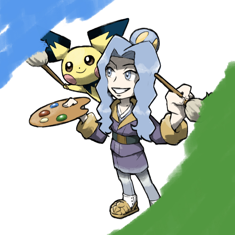 1girl, blacknirrow, blue_eyes, blue_hair, closed_mouth, dot_nose, gen_2_pokemon, hair_bun