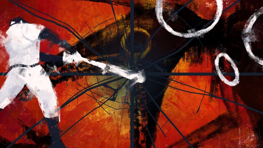 1boy, add-on_(off), bad_batter, baseball_bat, baseball_cap, baseball_jersey, baseball_uniform, commentary, cracked_screen, english_commentary, hat, highres, holding, holding_baseball_bat, jersey, layered_sleeves, long_sleeves, male_focus, monster, monster_boy, off_(game), open_mouth, outstretched_arms, pants, shirt, short_over_long_sleeves, short_sleeves, spoilers, sportswear, the_batter_(off), theboatlord, white_pants, white_shirt