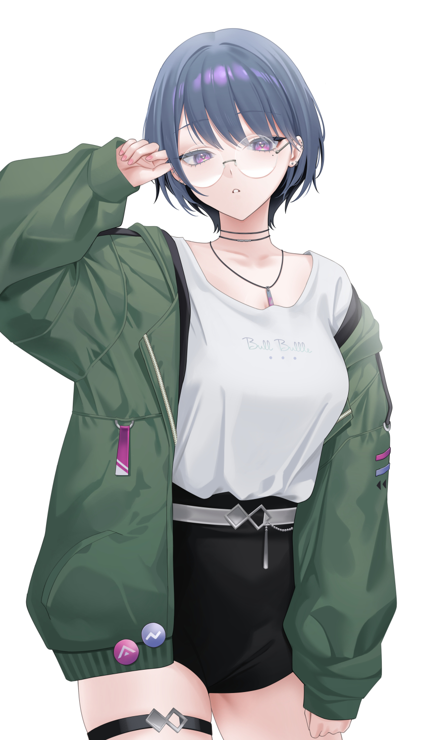 1girl, absurdres, belt, black_shorts, breasts, clothes_writing, cowboy_shot, ear_piercing