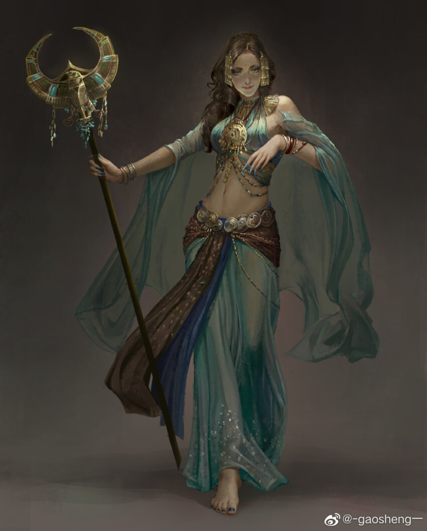 1girl, arabian_clothes, bare_shoulders, barefoot, blue_eyes, blue_nails, blue_pants, blue_shawl, blue_tube_top, bracelet, brown_hair, brown_sash, closed_mouth, commentary, crescent, english_commentary, feet, forehead_jewel, full_body, gold_bracelet, gold_necklace, grey_background, gs_(raygao211), hair_over_shoulder, hair_tubes, happy, highres, holding, holding_staff, jewelry, lips, long_hair, looking_at_viewer, nail_polish, navel, necklace, original, pants, pink_lips, realistic, sash, see-through_clothes, see-through_pants, shadow, shawl, smile, solo, staff, standing, stomach, strapless, thick_eyebrows, toenail_polish, toenails, toes, tube_top, waist_sash, walking, watermark, weibo_watermark