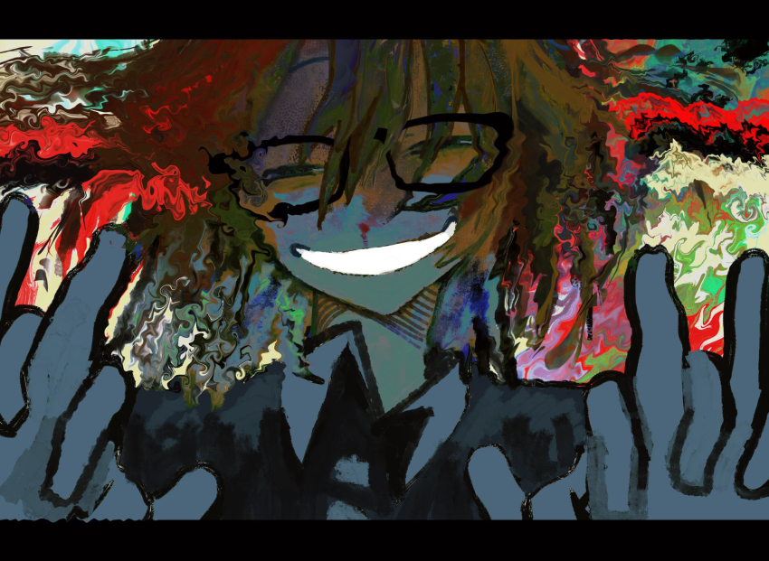 0000k_lll, 2boys, black_eyes, blood, brown_hair, glasses, highres, holding_hands