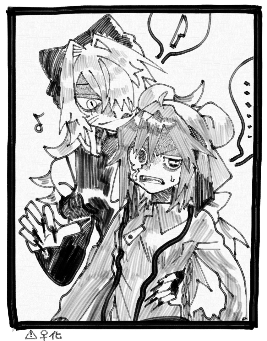 0000k_lll, 2girls, animal_hat, cat_hat, clothing_cutout, facial_mark, fingernails, genderswap