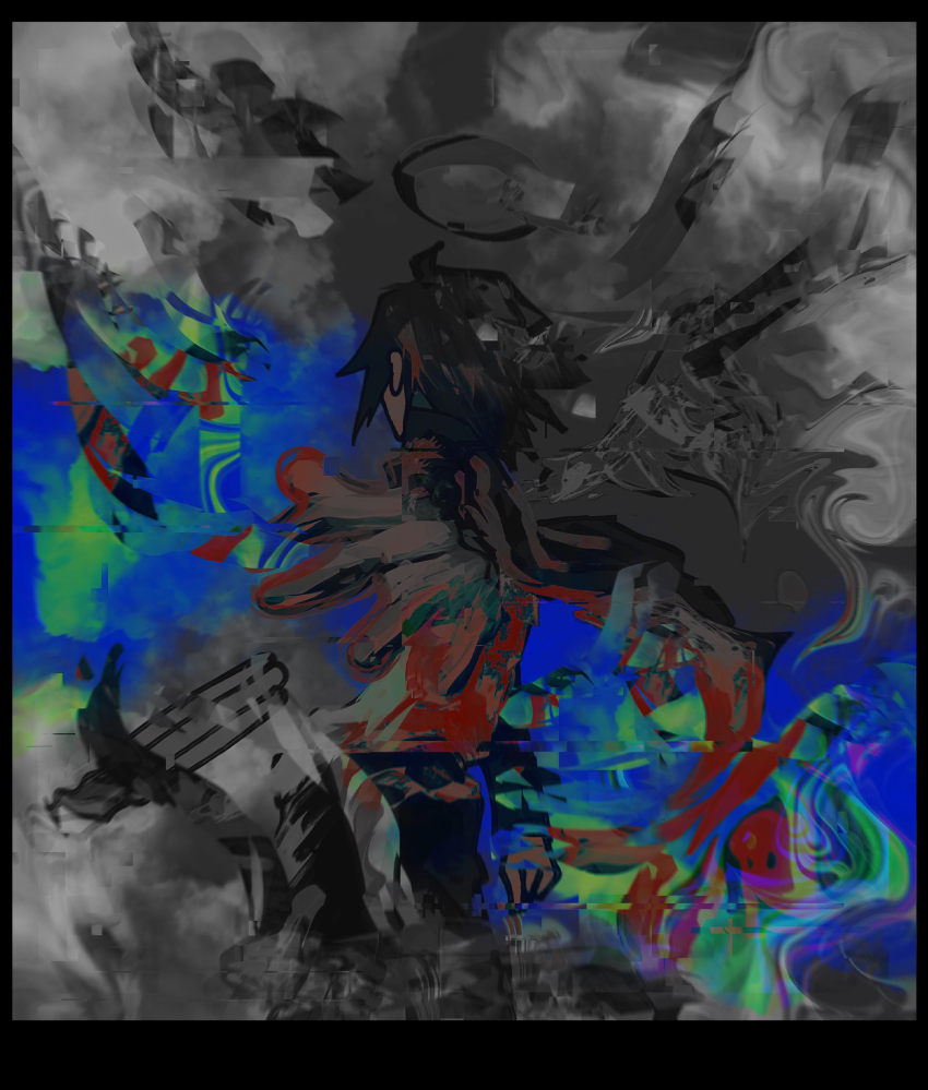 0000k_lll, 1boy, black_hair, cowboy_shot, facing_away, from_behind, gakuran, highres