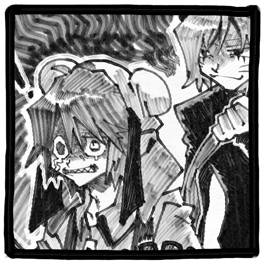 0000k_lll, 2boys, animal_hat, clenched_teeth, facial_mark, greyscale, hat, highres