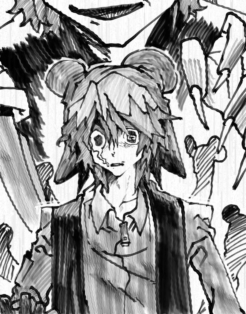 0000k_lll, 2boys, animal_hat, claw_pose, fingernails, greyscale, hat, highres