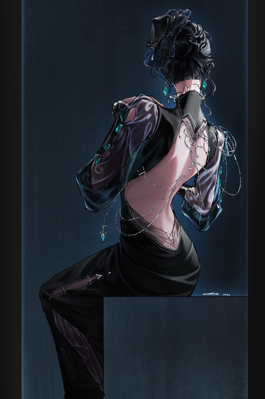 1girl, absurdres, back, back_focus, backless_dress, backless_outfit, bare_back, black_border