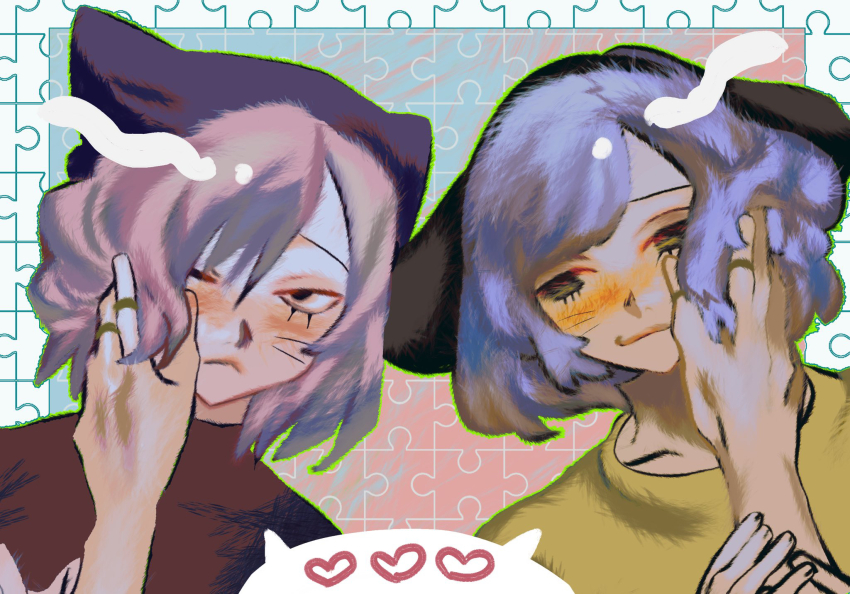 0000k_lll, 3boys, :3, animal_ears, animal_hat, black_eyes, blue_background, blue_hair, cat_hat, facial_mark, fake_animal_ears, hand_on_another's_cheek, hand_on_another's_face, hat, highres, jewelry, looking_at_viewer, luther_von_ivory, male_focus, multiple_boys, multiple_rings, nyen_(randal's_friends), nyon_(randal's_friends), pink_background, pink_hair, pov, puzzle_piece_background, randal's_friends, ring, short_hair, turtleneck, whisker_markings