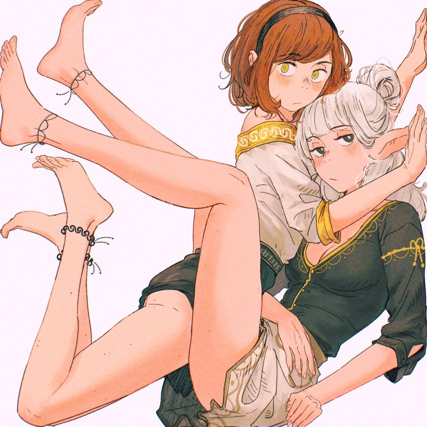 2girls, :/, absurdres, anklet, asimov_(spindle_(aidenr0)), ass, barefoot, between_legs, black_hairband, blue_eyes, blue_shirt, blue_skirt, blunt_bangs, blush, bob_cut, body_freckles, breasts, bright_pupils, brown_hair, cleavage, closed_mouth, commentary, couple, elf, embarrassed, english_commentary, expressionless, face-to-face, freckles, from_side, full_body, gold_trim, green_eyes, hair_bun, hairband, half-closed_eyes, heads_together, highres, jewelry, kabedon, long_sleeves, looking_at_viewer, looking_to_the_side, loose_hair_strand, meandros, meandros_trim, medium_breasts, medium_hair, miniskirt, multiple_girls, off-shoulder_shirt, off_shoulder, original, ottilie_(spindle_(aidenr0)), person_between_thighs, pointy_ears, shirt, short_hair_with_long_locks, simple_background, single_hair_bun, skirt, spindle_(aidenr0), stuck_in_a_box, swept_bangs, toes, v-neck, white_background, white_pupils, white_shirt, white_skirt, yuri