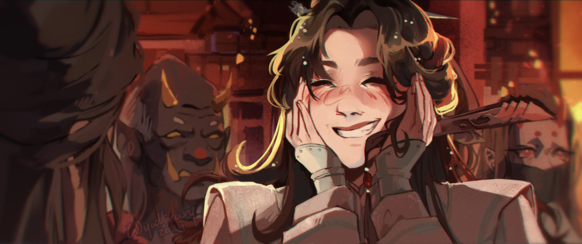 1girl, black_skin, blurry, blurry_background, blush, bright_pupils, brown_hair, brown_shirt