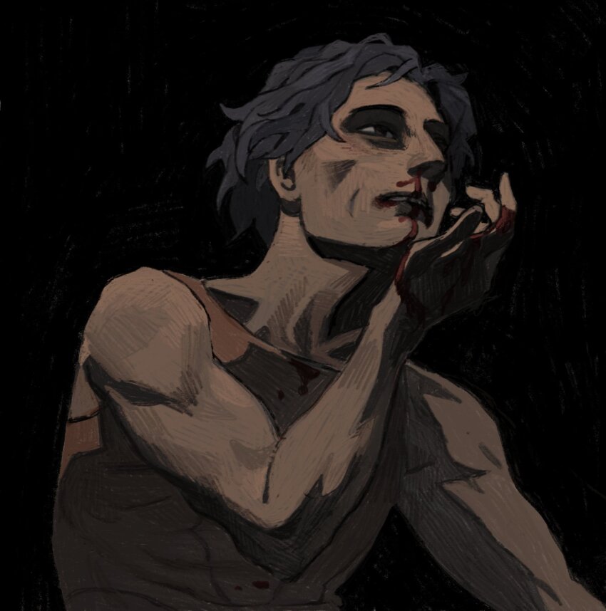 1boy, armor, bare_arms, bare_shoulders, black_background, black_eyes, black_hair, blood