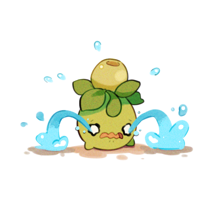 commentary, crying, full_body, leaf, nintendo, no_humans, olive, open_mouth