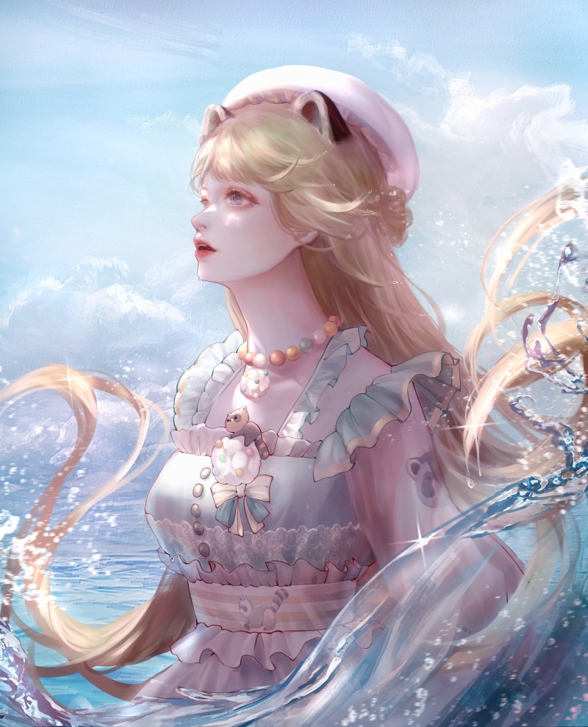 1girl, absurdres, animal_ears, apron, bead_necklace, beads, beret, blonde_hair