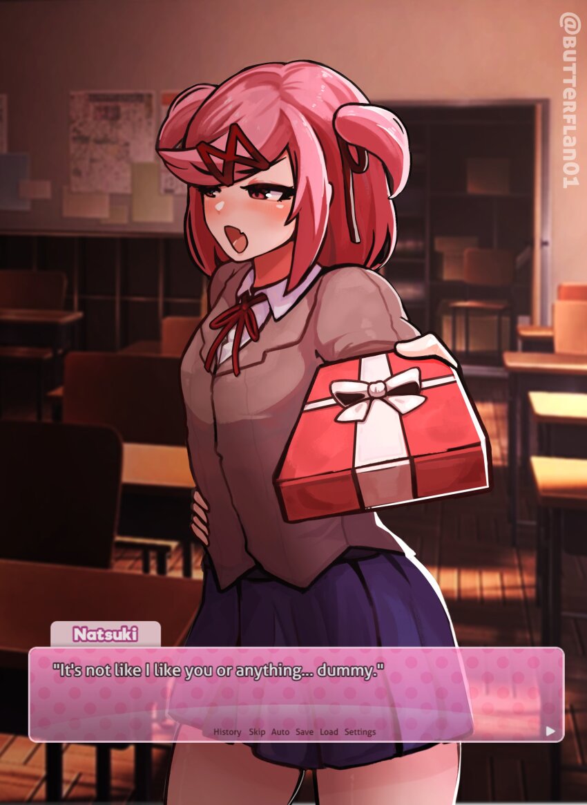 1girl, absurdres, artist_name, averting_eyes, blazer, blue_skirt, blush, bookshelf, bow, bowtie, box, box_of_chocolates, breasts, butterflan01, character_name, classroom, closet, collared_shirt, commentary, cowboy_shot, dialogue_box, doki_doki_literature_club, doki_doki_literature_club_school_uniform, dress_shirt, english_commentary, fang, foreshortening, gameplay_mechanics, gift, gift_box, grey_jacket, hair_ornament, hair_ribbon, hand_on_own_hip, highres, holding, holding_gift, incoming_food, incoming_gift, indoors, jacket, looking_to_the_side, making-of_available, natsuki_(doki_doki_literature_club), neck_ribbon, nose_blush, open_mouth, outstretched_arms, pink_eyes, pink_hair, pleated_skirt, reaching, reaching_towards_viewer, red_bow, red_bowtie, red_ribbon, ribbon, school_uniform, shirt, short_hair, skin_fang, skirt, small_breasts, solo, standing, swept_bangs, talking, tsundere, twitter_username, two_side_up, v-shaped_eyebrows, valentine, video_game_dialogue_box, white_shirt, x_hair_ornament