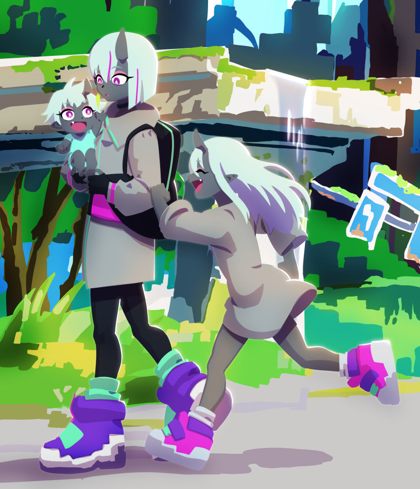 3girls, aged_up, aqua_socks, baby, backpack, bag, black_bag, black_gloves