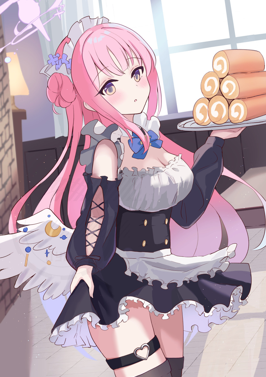 :o, absurdres, alternate_costume, apron, bare_shoulders, black_skirt, black_thighhighs, blue_archive