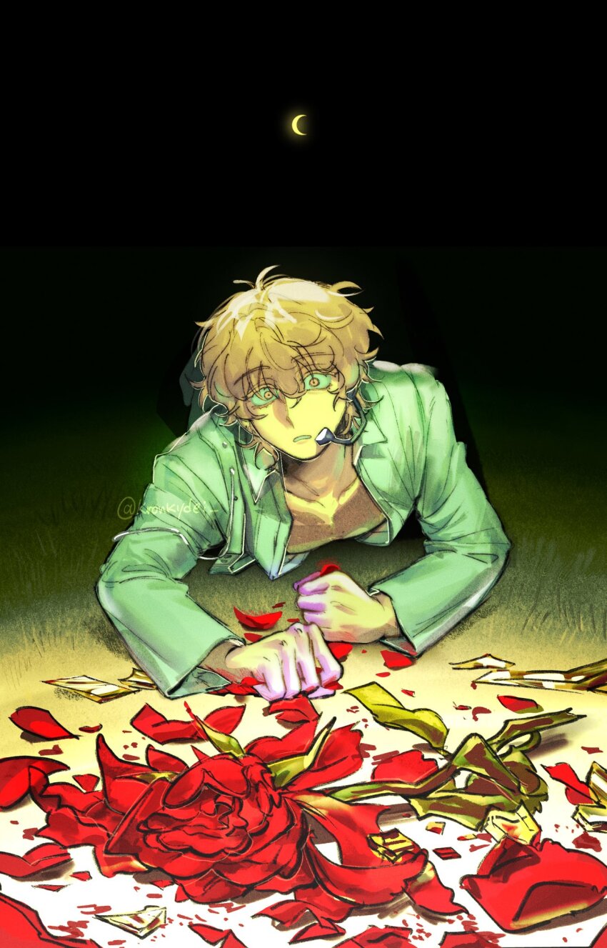 1boy, alien_stage, artist_name, blonde_hair, broken_glass, colored_extremities, colored_eyelashes, commentary