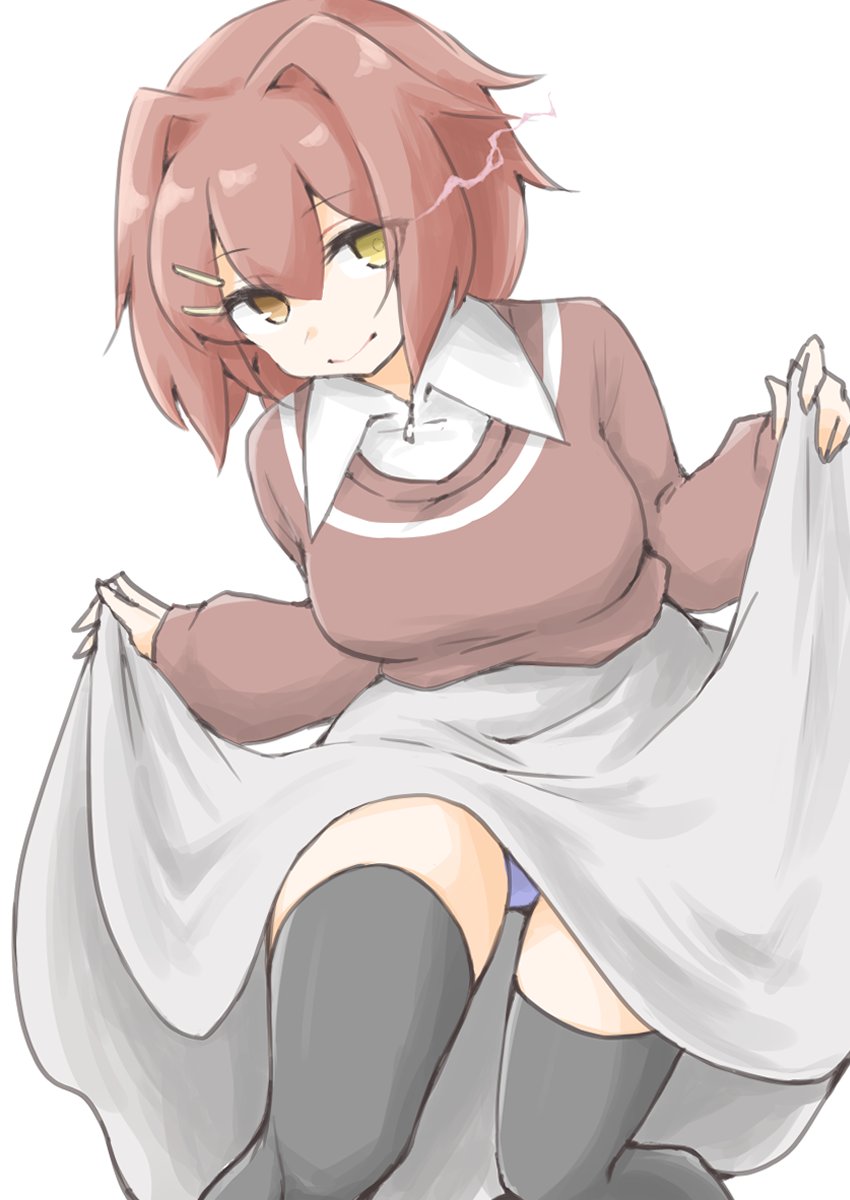 1girl, akara_kai, black_thighhighs, blush, breasts, brown_eyes, brown_hair, brown_sweater