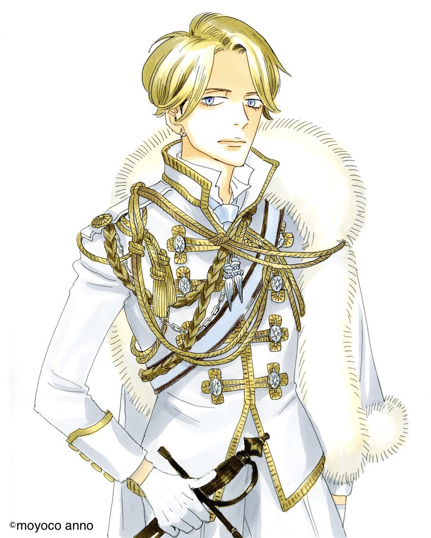 1boy, anno_moyoco, artist_name, blonde_hair, closed_mouth, commentary_request, cowboy_shot, gloves