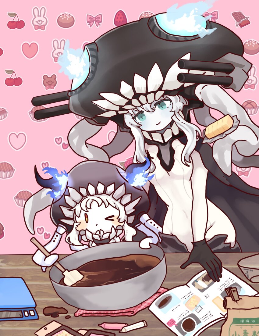 2girls, absurdres, abyssal_ship, black_gloves, bodysuit, butter, cape, chocolate, commission, cooking, food, gloves, green_eyes, hat, headgear, highres, holding, holding_spatula, kantai_collection, kobone, light_smile, multiple_girls, new_mass-produced_aircraft_carrier_princess, one_eye_closed, pale_skin, recipe_(object), short_hair_with_long_locks, size_difference, skin_tight, spatula, table, teeth, tentacles, valentine, white_hair, wo-class_aircraft_carrier, wooden_table, yellow_eyes