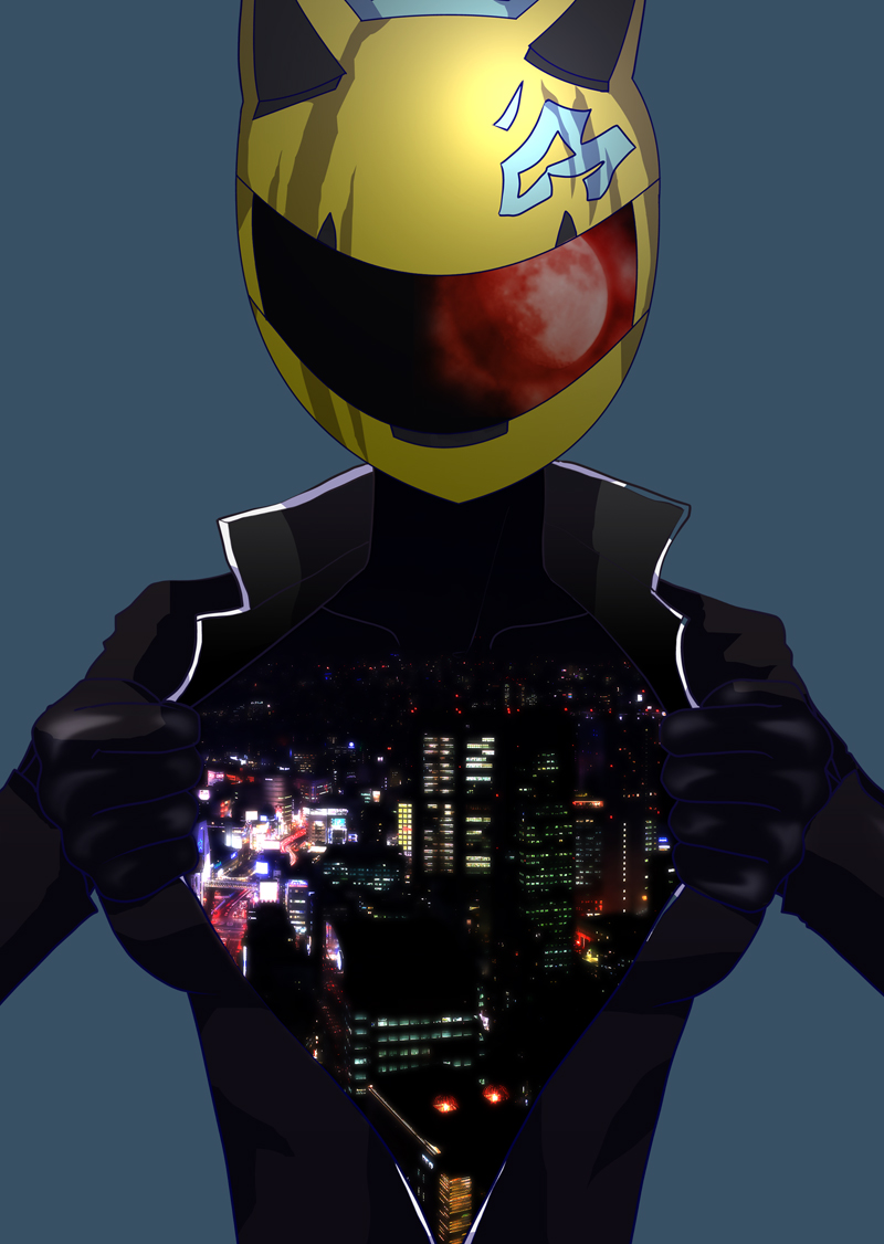 1girl, animal_ear_helmet, animal_helmet, biker_clothes, bikesuit, black_bodysuit, bodysuit, celty_sturluson, city, double_exposure, durarara!!, female_focus, helmet, kyo_(kuroichigo), moon, night, non-web_source, open_clothes, red_moon, reflection, simple_background, solo