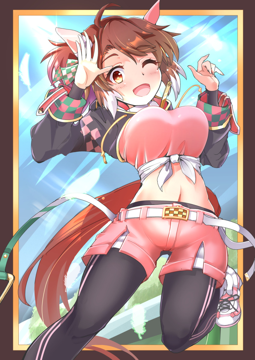 1girl, animal_ears, b_dome, belt, blush, breasts, brown_eyes, brown_hair, dantsu_flame_(center_spotlight)_(umamusume), dantsu_flame_(umamusume), hair_between_eyes, hair_ornament, highres, horse_ears, horse_girl, horse_tail, large_breasts, looking_at_viewer, medium_hair, midriff, navel, one_eye_closed, open_mouth, pantyhose, sky, solo, standing, standing_on_one_leg, tail, umamusume