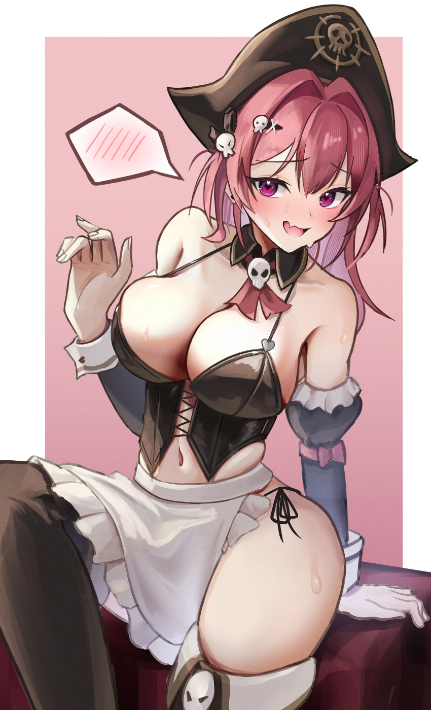 1girl, :d, absurdres, apron, bare_shoulders, black_corset, black_thighhighs, border