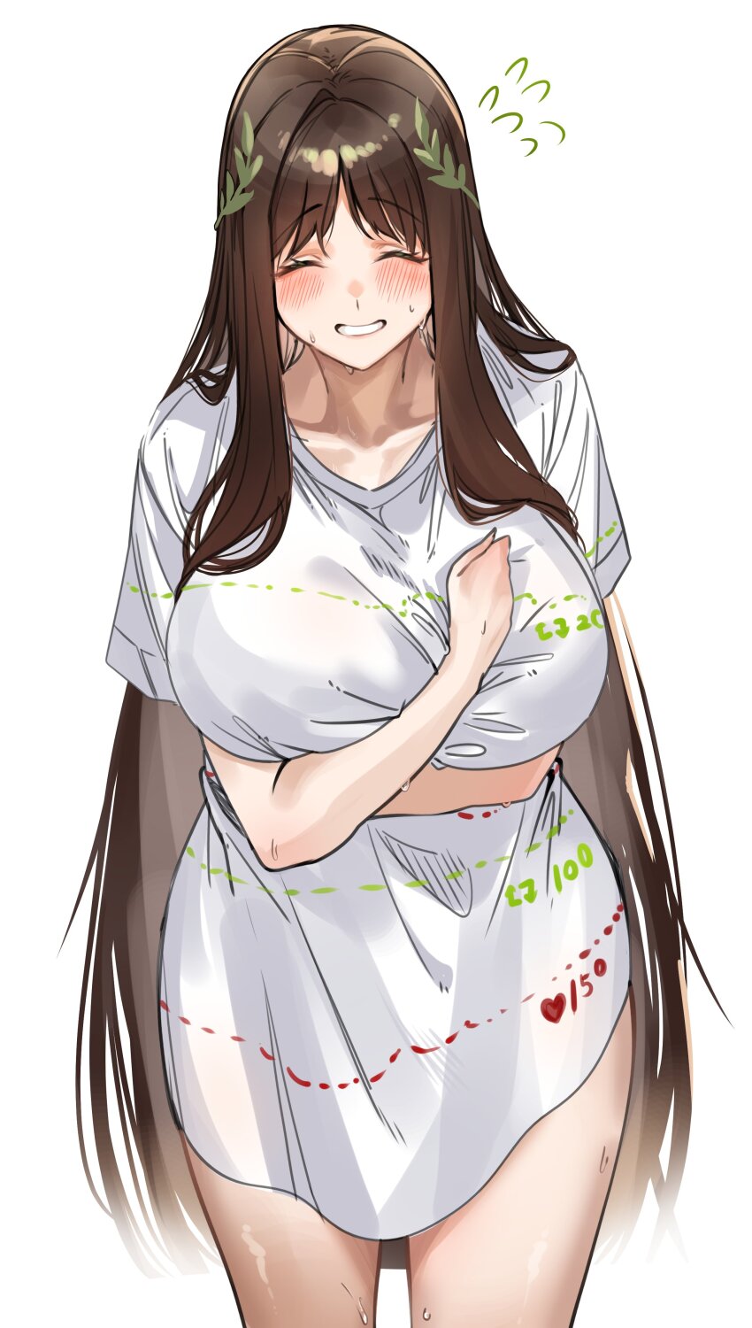 1girl, absurdres, black_survival, blush, breasts, brown_hair, closed_eyes, collarbone