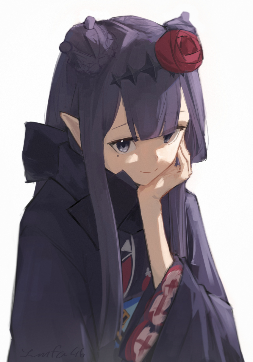 1girl, absurdres, black_kimono, black_scarf, closed_mouth, commentary, diamond_hairband, flower, grey_eyes, hair_flower, hair_ornament, hand_on_own_chin, hashtag-only_commentary, highres, hololive, hololive_english, imfa46, japanese_clothes, kimono, long_hair, looking_at_viewer, mole, mole_under_eye, ninomae_ina'nis, ninomae_ina'nis_(new_year), official_alternate_costume, official_alternate_hairstyle, purple_hair, scarf, simple_background, smile, solo, virtual_youtuber, white_background