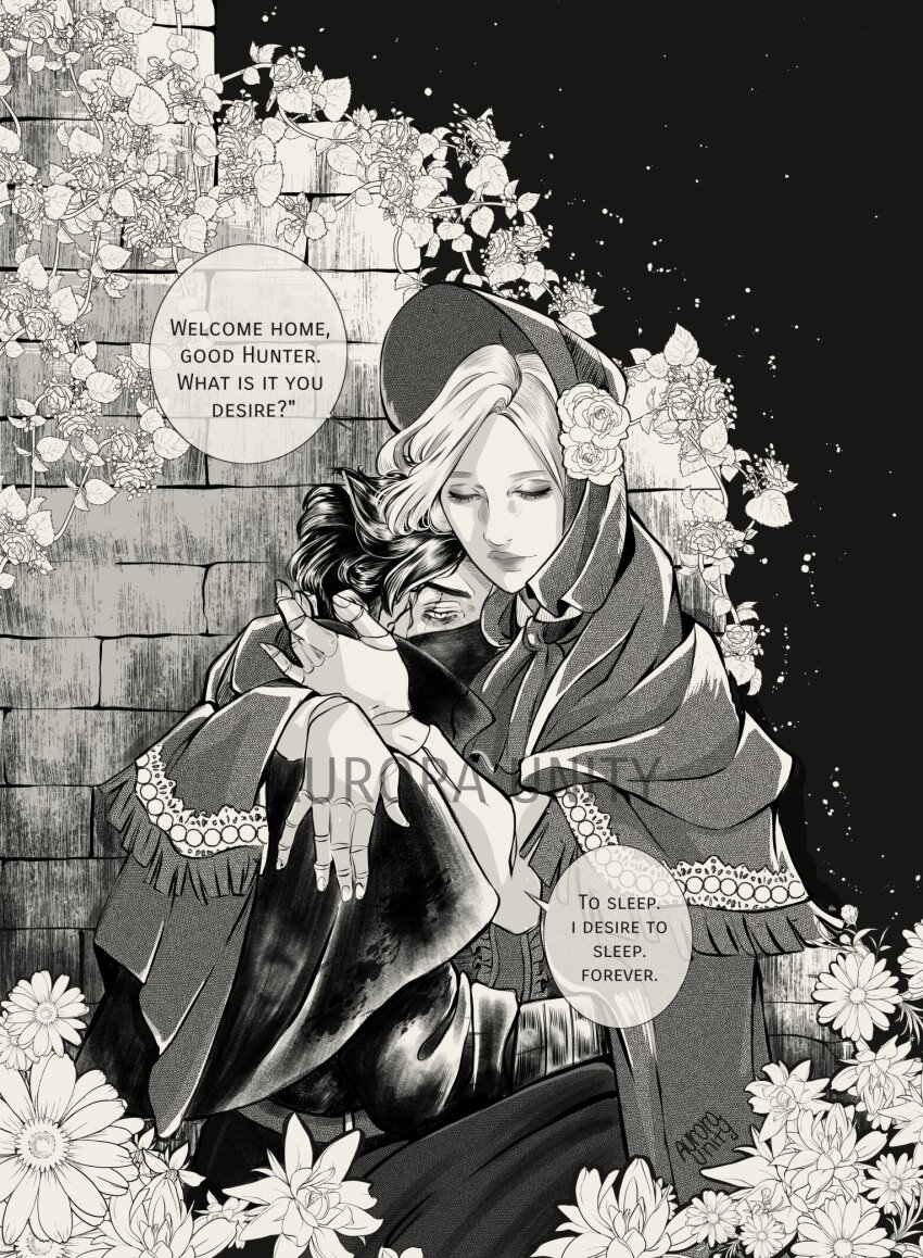 1boy, 1girl, artist_name, aurora_unity, bags_under_eyes, bloodborne, bonnet, cloak