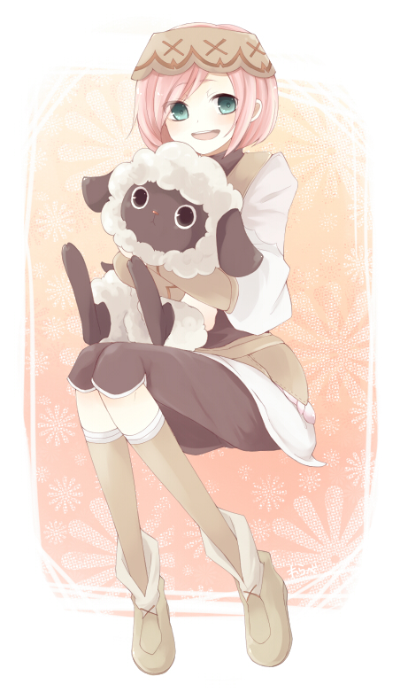 1girl, animal, aqua_eyes, black_eyes, blush, brown_socks, female_focus, flower, fur, happy, harvest_moon, headband, hug, knees_together_feet_apart, open_mouth, pants, pink_hair, rune_factory, rune_factory_oceans, short_hair, sitting, smile, socks, solo, sonia_(rune_factory), warabe_(wasawasawasan)