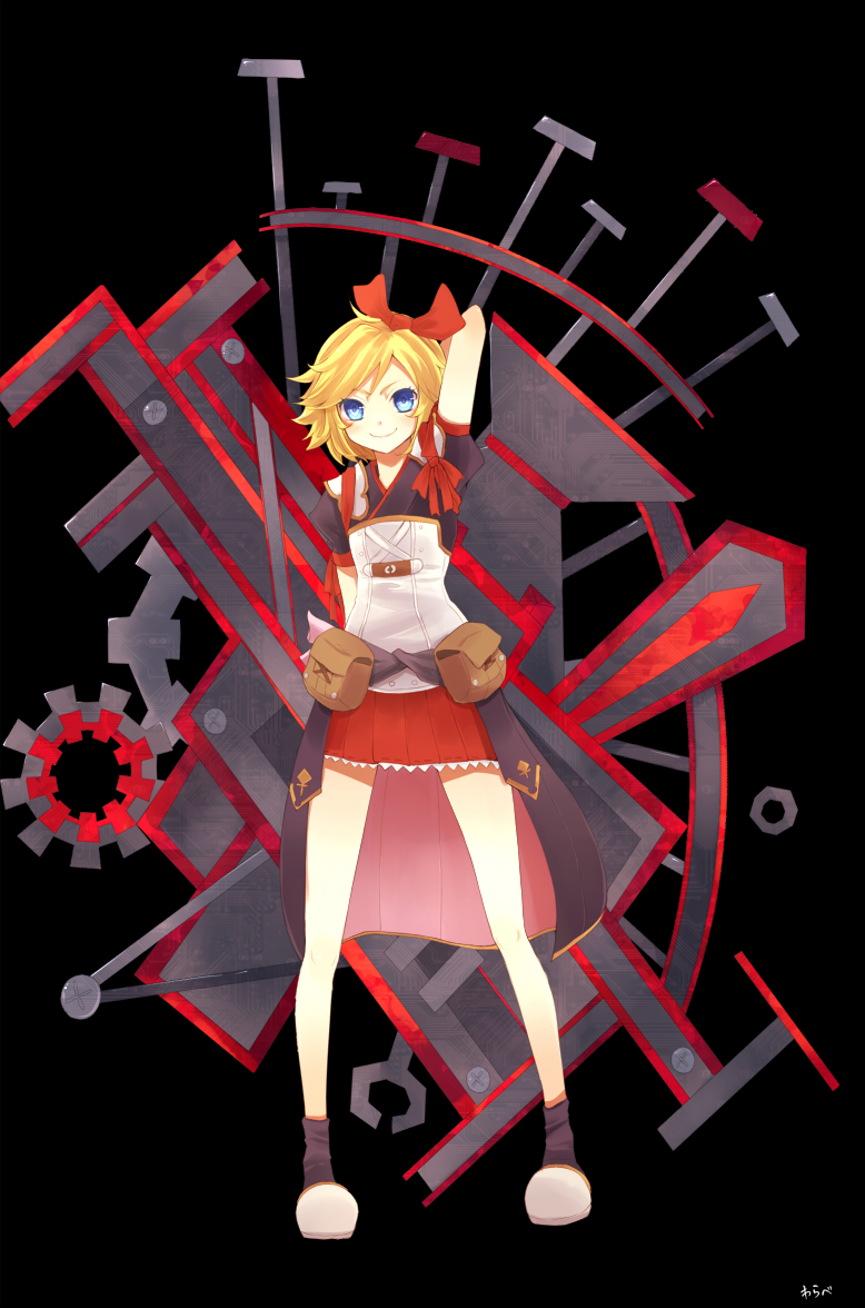 1girl, arms_behind_back, arms_up, blonde_hair, blue_eyes, blush, bow, elena_(rune_factory_oceans), female_focus, hair_bow, harvest_moon, pouch, rune_factory, rune_factory_oceans, short_hair, smile, solo, warabe_(wasawasawasan)