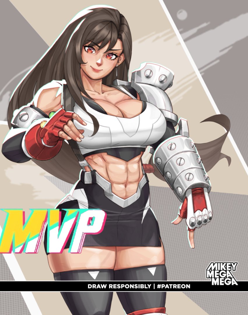 1girl, abs, adapted_costume, alternate_muscle_size, armor, black_skirt, black_thighhighs, breasts