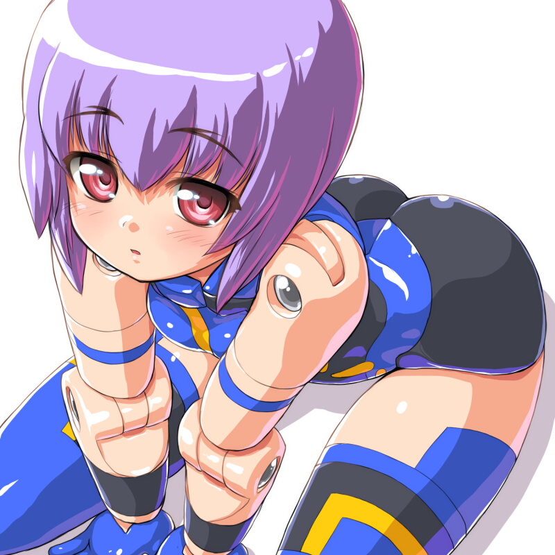 10s, ass, bad_id, bad_pixiv_id, blush, busou_shinki, dd_(ijigendd), doll_joints, espadia, joints, purple_hair, red_eyes, short_hair, simple_background, sitting, thighhighs, white_background