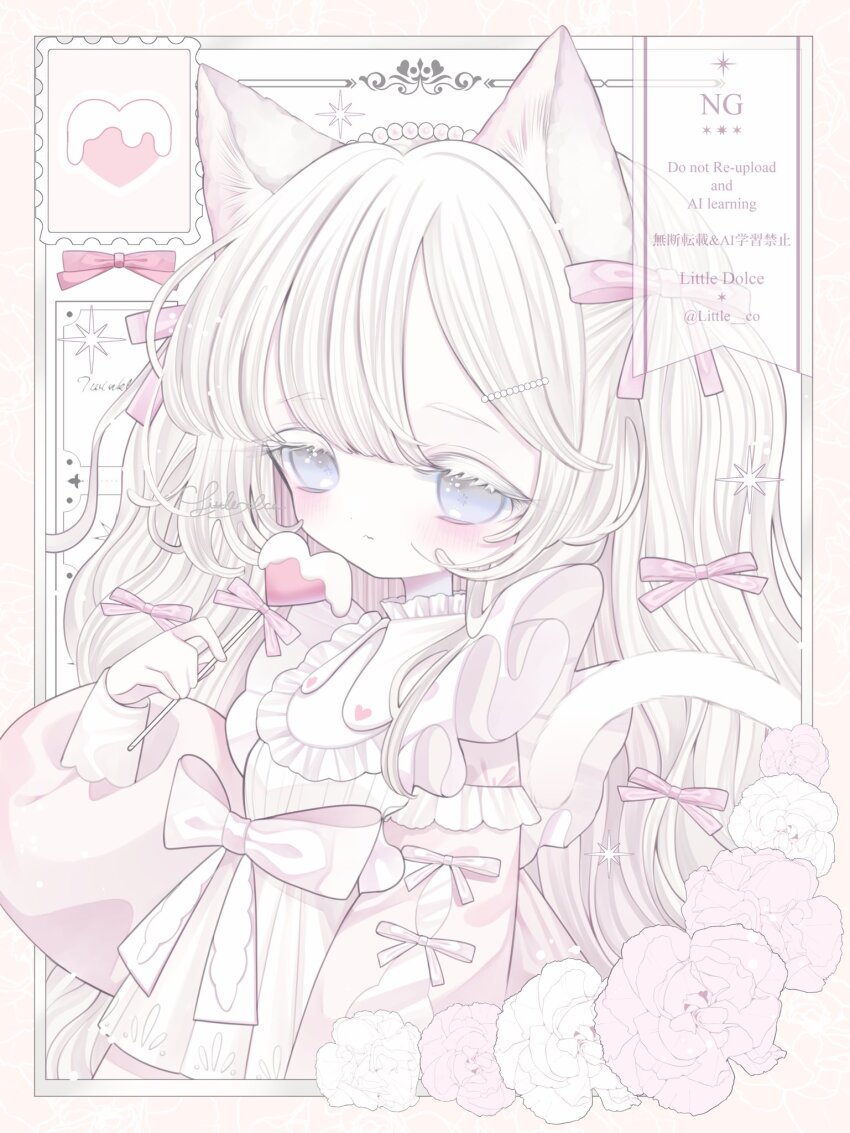 1girl, animal_ear_fluff, animal_ears, artist_name, blush, bow, closed_mouth, colored_eyelashes, dress, earrings, eyelashes, flower, frills, grey_eyes, hair_ornament, highres, holding, jewelry, large_bow, little_(co), long_hair, long_sleeves, looking_afar, original, pearl_earrings, pink_bow, pink_dress, pink_flower, pink_theme, sidelocks, signature, solo, tail, twitter_username, watermark, white_eyelashes, white_flower, white_hair, white_tail