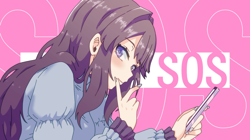 1girl, brown_hair, commentary_request, dress, fujishima_megumi, grey_dress, grey_nails, hair_intakes