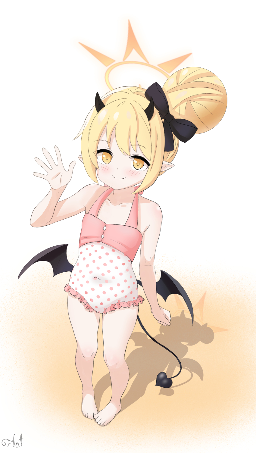 1girl, absurdres, barefoot, blonde_hair, blue_archive, bow, child, demon_girl